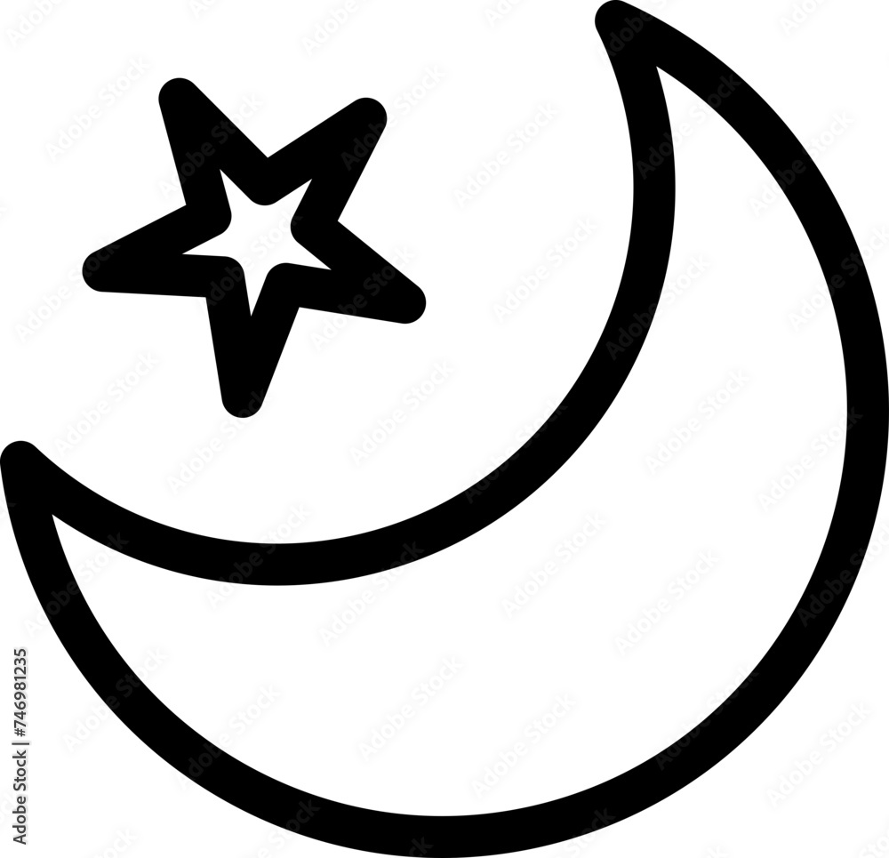 Crescent Moon With Star Icon In Black Line Art. Crescent Moon With Star Icon In Black Line Art.