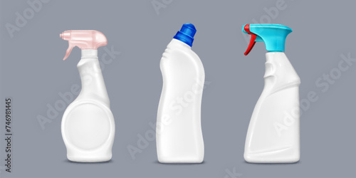 Mockup of bottle with gel or liquid detergent with lid and sprayer. Realistic 3d vector illustration set of blank white plastic container with household chemicals. Laundry and cleaning product package
