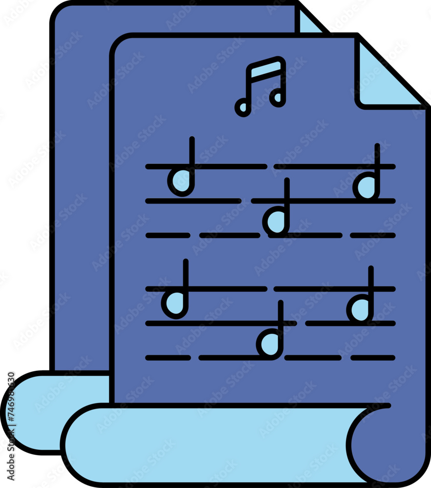 Flat Style Of Music Script Icon In Blue Color. Flat Style Of Music Script Icon In Blue Color.