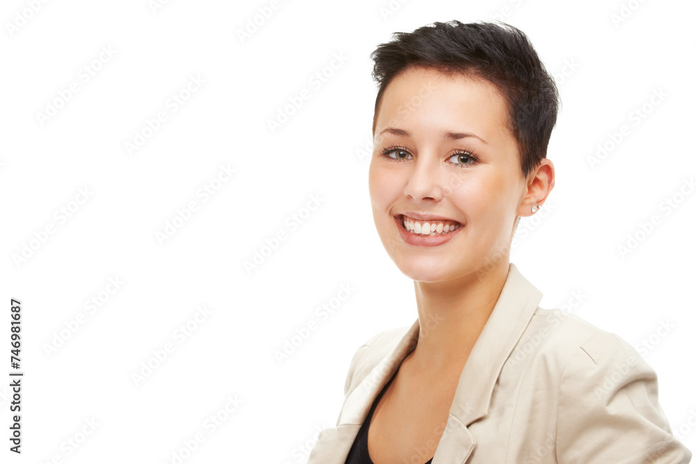 Portrait, smile and business woman in studio for job, career and mockup space isolated on a white background. Face, professional and happy entrepreneur, employee or young consultant working in Spain Portrait, smile and business woman in studio for job, career and mockup space isolated on a white background. Face, professional and happy entrepreneur, employee or young consultant working in Spain