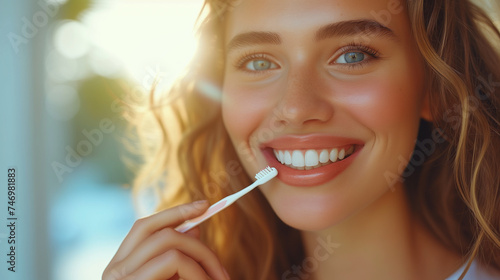 Young woman holding up small toothbrush. Concept for oral health and care. photo