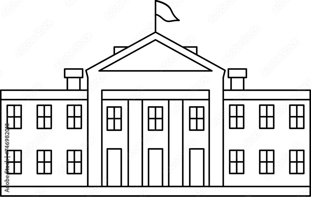 Black Line Art White House Icon in Flat Style.
