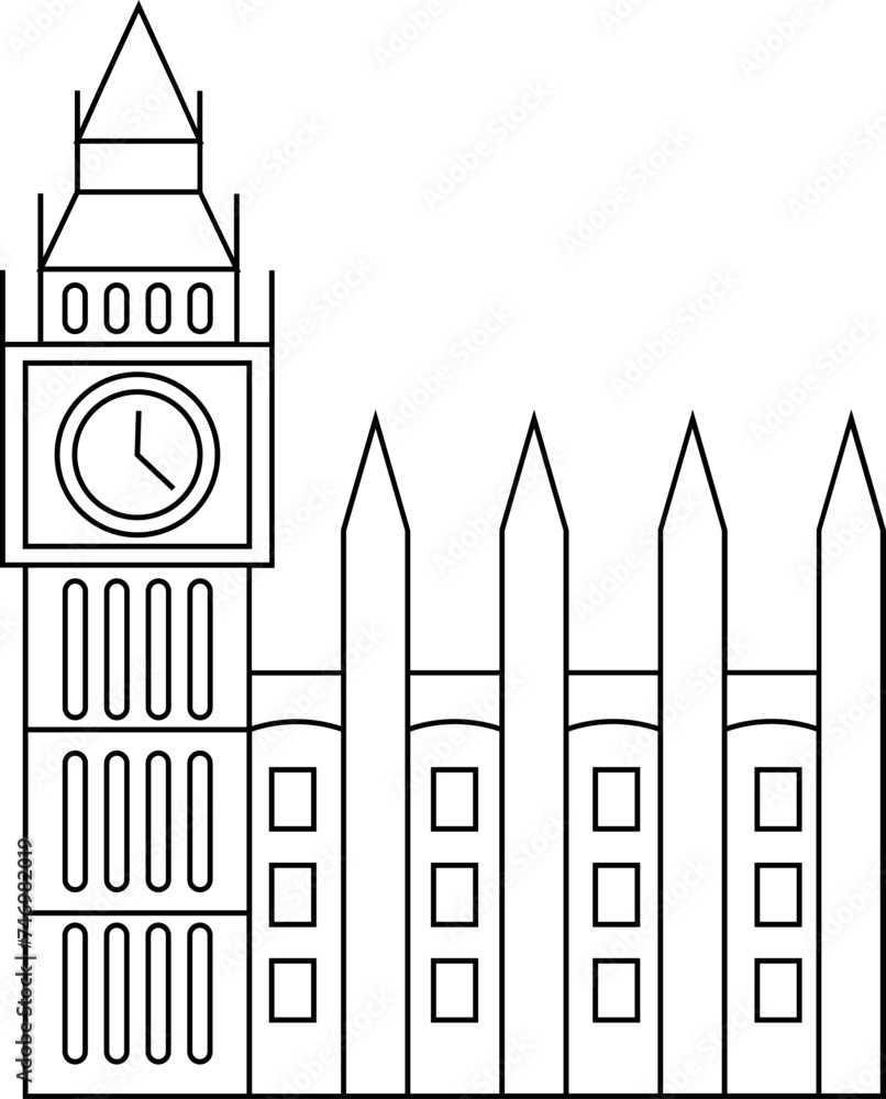 Black Line Art Illustration of Big Ben Icon.