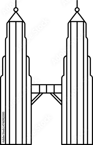 Black Outline Petronas Twin Tower Icon on White Background.