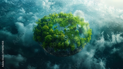 a green land around a beautiful green planet with different icons forming, in the style of human-canvas integration, kodak colorplus, internet academia, poster, landscape-focused, transportcore, softb © 路加 石
