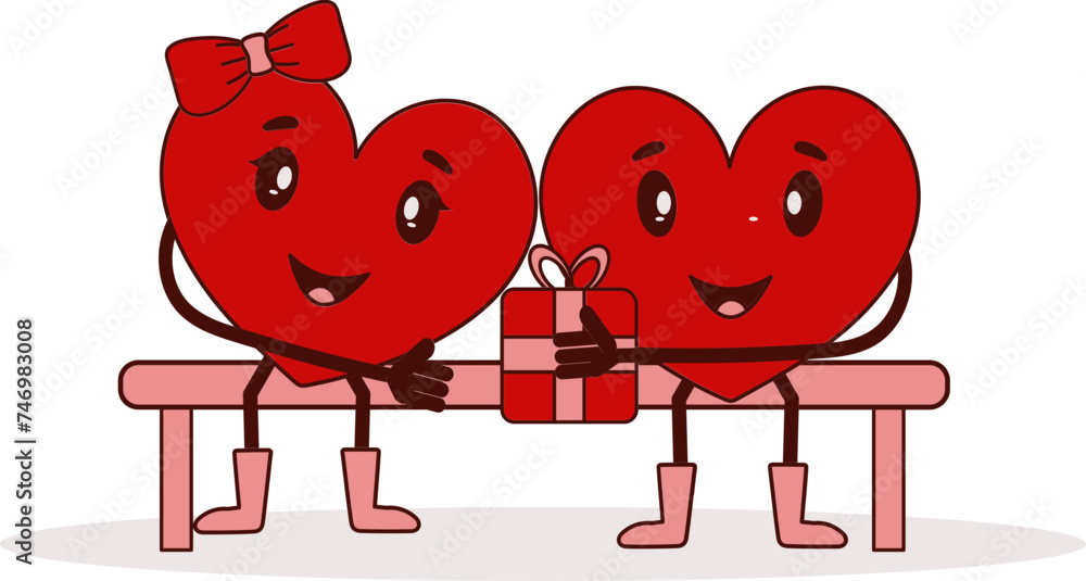 Vector Illustration Of Heart Character Giving Gift To His Lover Sit On Bench. Vector Illustration Of Heart Character Giving Gift To His Lover Sit On Bench.