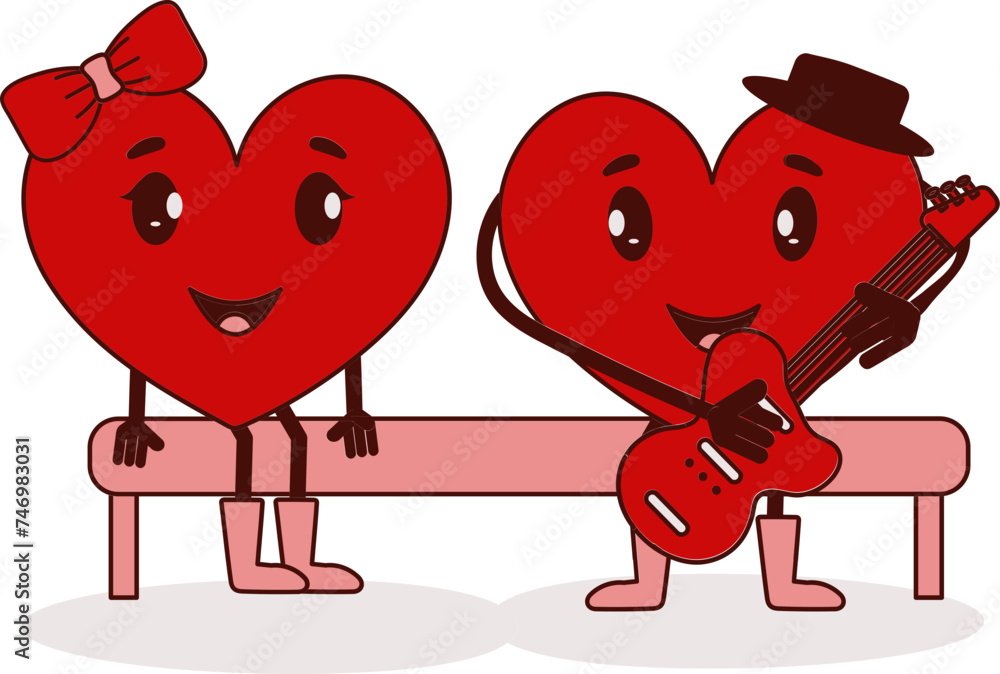 Cartoon Male Heart Playing Guitar With His Girlfriend Sit On Bench.