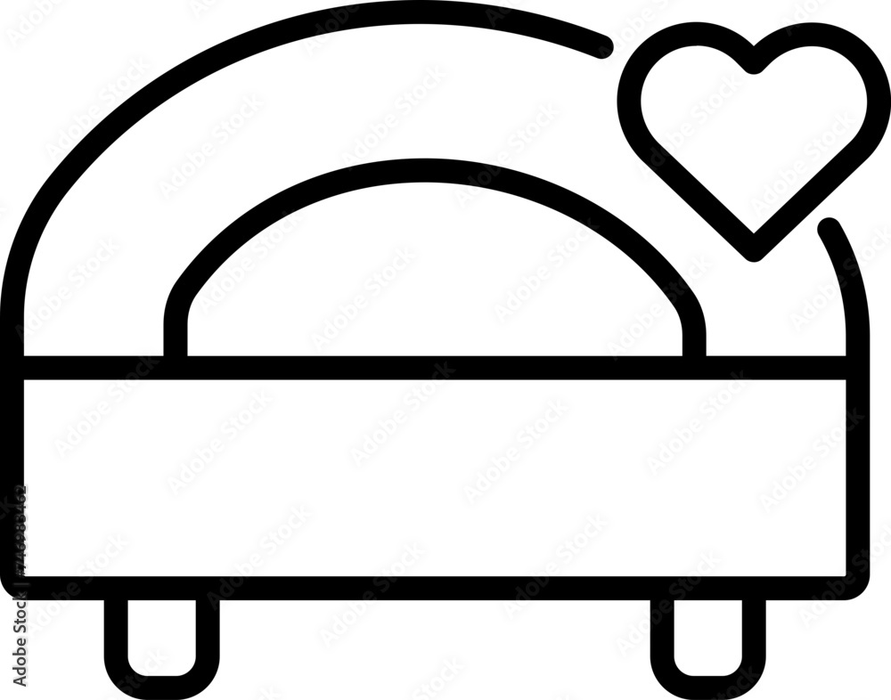 Line art illustration of heart symbol on bed icon.