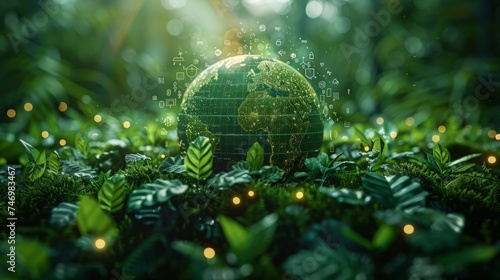 a green land around a beautiful green planet with different icons forming, in the style of human-canvas integration, kodak colorplus, internet academia, poster, landscape-focused, transportcore, softb photo