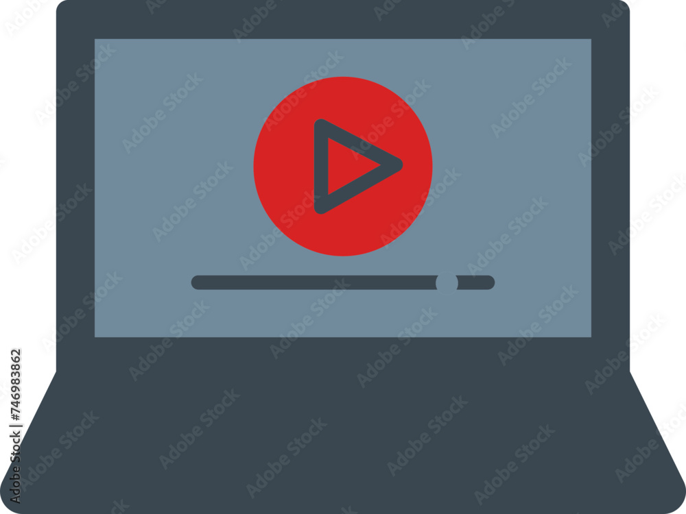 Gray And Red Color Play Button In Laptop Icon. Gray And Red Color Play Button In Laptop Icon.