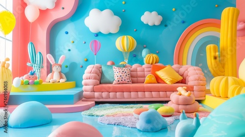 A whimsical array of playful characters frolic amidst a soft pop-art backdrop photo