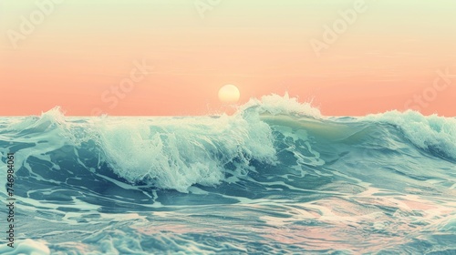 Amidst a backdrop of soft pop-art wallpaper, pastel-hued waves tenderly crest and break photo