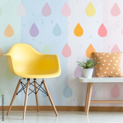 Pastel raindrops cascade down this soft pop-art wallpaper, bringing a refreshing sense of calm to any room