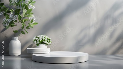 Abstract rendering 3d shape for products display presentation. Modern white and grey cube pedestal podium with empty room