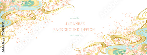 桜, 桜の花, ベクター, 水彩, 和柄, 金箔, 春, 背景, フレーム, 花, 花見, 花びら, 桜吹雪, 波, 雲