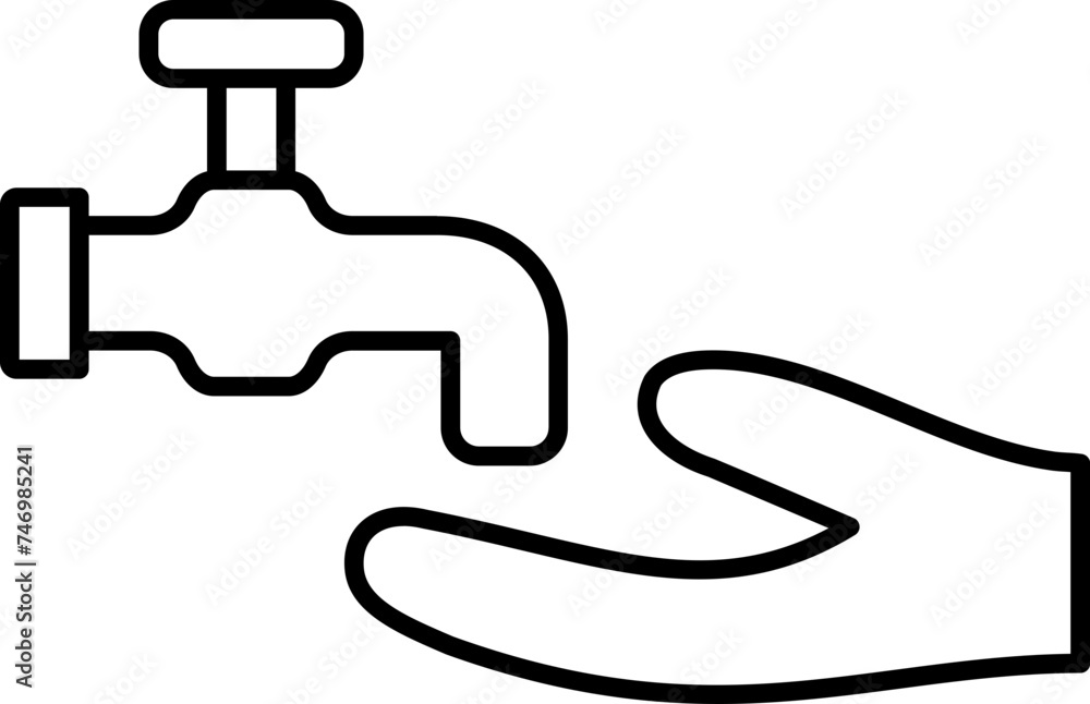 Hand with faucet icon in line art. Hand with faucet icon in line art.