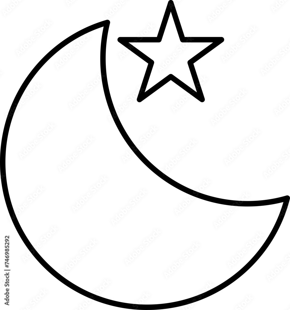 Crescent moon with star icon in thin line art. Crescent moon with star icon in thin line art.