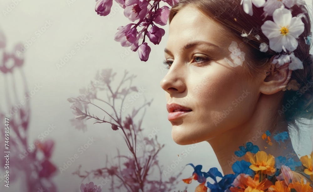 Profile Pic of a Beautiful Woman with spring flowers with pastel purple Background  March 8 International woman's day 