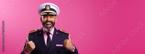 ship captain on a pink background making a gesture that everything is ok