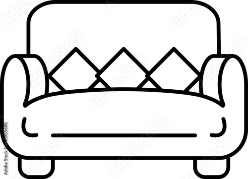 Sofa with cushions icon in black line art.
