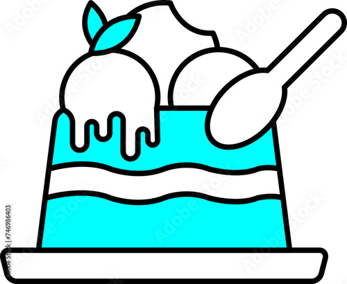 Panna Cotta Icon In Cyan And White Color.