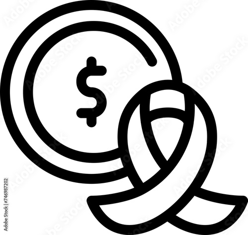 Money Coin with Aids or Cancer Ribbon icon in black line art.