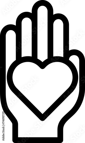 Line art illustration of heart on hand icon.