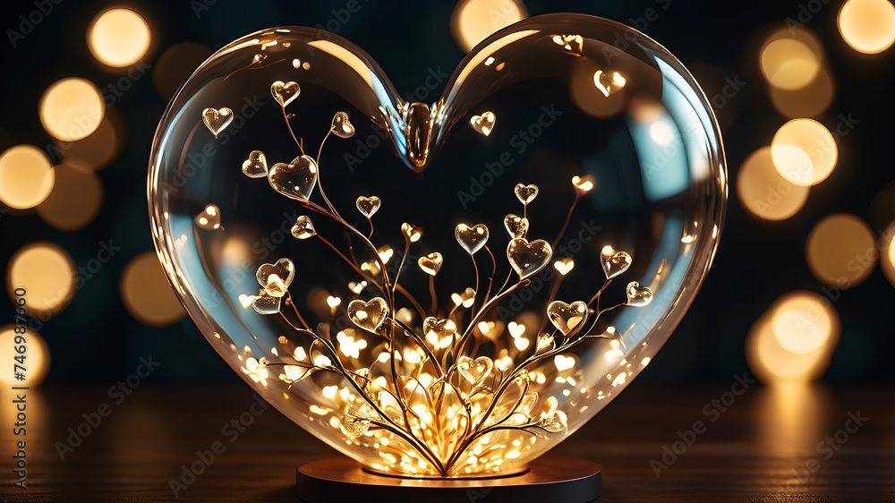 An intricate and delicate glass heart filled with soft, glowing orbs, creating a mesmerizing display. This image could represent the idea of a gift that contains a luminous essence, signifying An intricate and delicate glass heart filled with soft, glowing orbs, creating a mesmerizing display. This image could represent the idea of a gift that contains a luminous essence, signifying