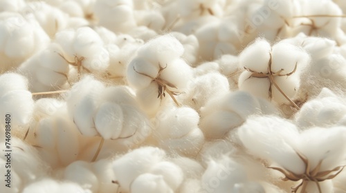 Natural Cotton Bolls in Close-Up View. A close-up shot of fluffy cotton bolls in their natural state, highlighting the soft texture and organic beauty of the cotton plant.