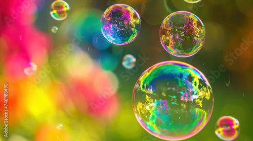 Vivid Soap Bubbles with Colorful Reflections. Vibrant soap bubbles floating in the air, reflecting an array of colors against a blurred multicolored background creating a dreamy atmosphere. © auc