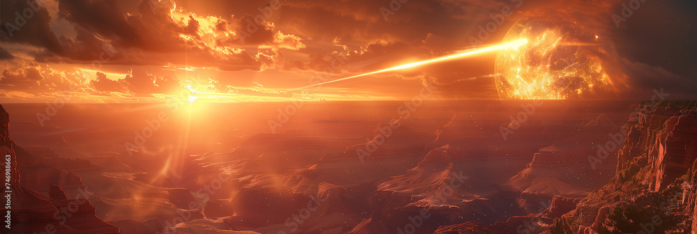 Fiery Sunset Meteorite Impact Scene Over Grand Canyon: A Vivid Orange Glow Spectacle