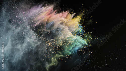 Abstract rainbow chalk dust floating in the air, fabric texture background. 