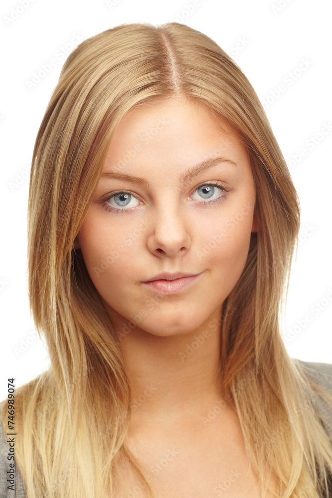 Portrait, beauty and hair aesthetic with woman in studio isolated on white background for shampoo. Face, skincare or keratin treatment at salon and confident young person with blue eyes for haircare Portrait, beauty and hair aesthetic with woman in studio isolated on white background for shampoo. Face, skincare or keratin treatment at salon and confident young person with blue eyes for haircare