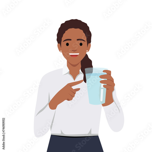 Young Woman holding a glass of water to promote. Suggestions for staying hydrated. Flat vector illustration isolated on white background