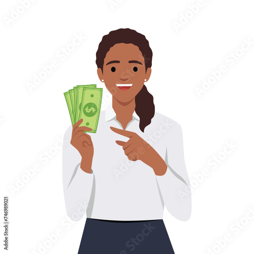 Young lucky girl hold lot of money, pointing at dollar bills in hand and smiling excitedly. Flat vector illustration isolated on white background