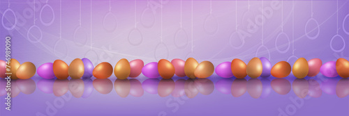 Violet composition with Easter eggs and mirror reflection, bunny ears.