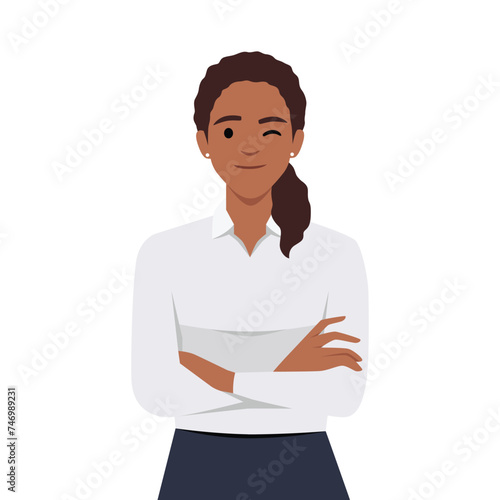 Confident and beautiful young woman in smart casual wear keeping arms crossed and smiling. Portrait of a young smiling woman. Woman folded hands.