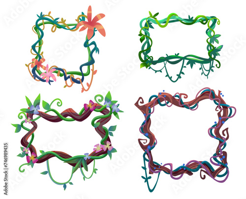 Frames made from liana vine with leaves and flowers. Cartoon vector set of borders from jungle plant branches. Creeping hanging rain forest tree vegetation in form of rectangular box and badge.