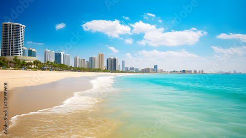 Serene Golden Sands and Azure Waters of Ajman Beach against the backdrop of Skyline © Theresa