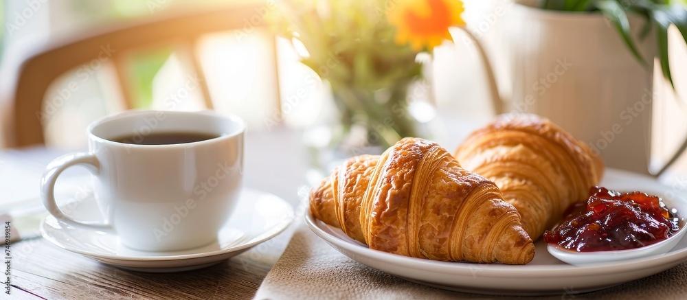 A dish of croissants with jam and a coffee cup on a saucer placed on the table. A dish of croissants with jam and a coffee cup on a saucer placed on the table.