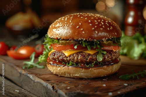 mouthwatering burger served on a rustic wooden table, offering ample space for your advertisement
