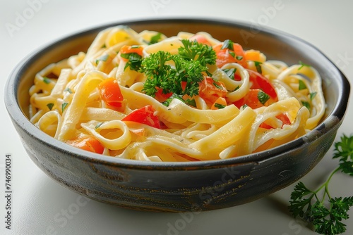 An appetizing bowl of creamy pasta with vibrant vegetables, ideal for adding your marketing text