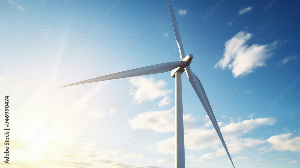 Wind turbines generate clean energy against a blue sky, demonstrating sustainable energy sources Wind turbines generate clean energy against a blue sky, demonstrating sustainable energy sources