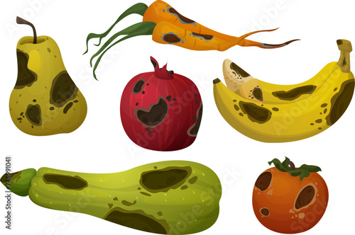 Rotten food with rot and mold. Cartoon vector illustration set of dirty spoiled fruits and vegetables. Damaged moldy meal contaminated with fungal spots for compost or recycle concept. Danger product.
