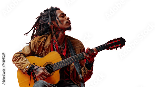 Doctor with long hair and a guitar playing music isolated on red background, png format