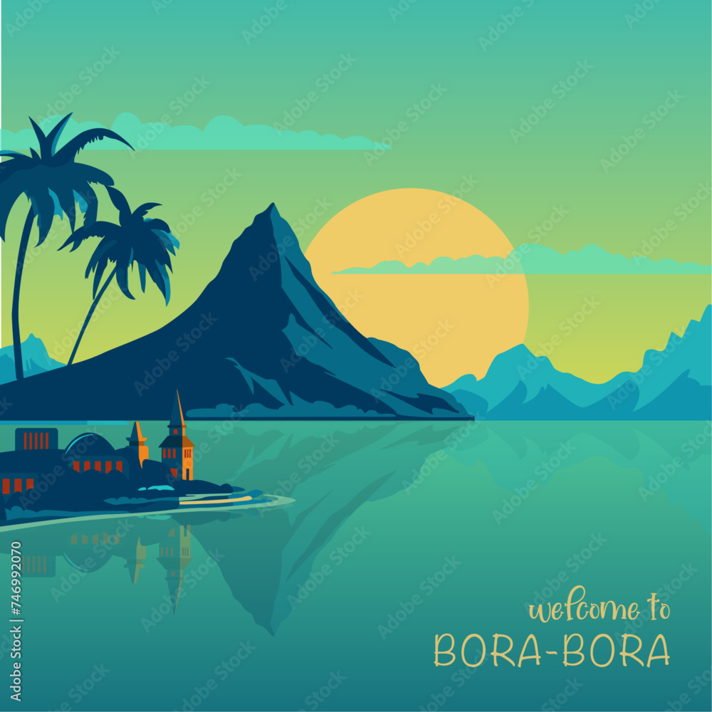 Bora Bora retro island poster with abstract shapes of seaside, landscape, lagoon. Vintage French Polynesia summertime travel vector illustration at sunrise, sunset