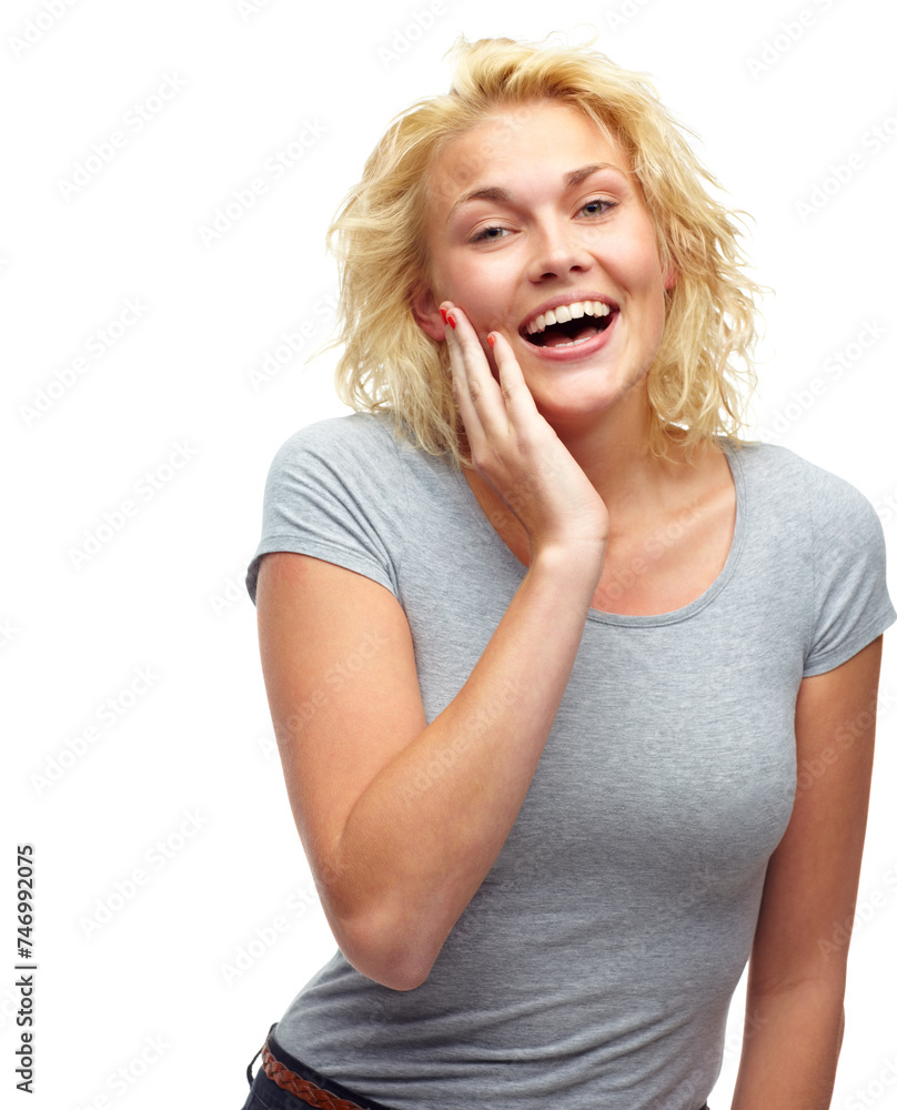 Excited, portrait and woman in studio with surprise for discount, deal or success on white background. Female person, smile and hand on face with shocked expression for happiness, sale or achievement Excited, portrait and woman in studio with surprise for discount, deal or success on white background. Female person, smile and hand on face with shocked expression for happiness, sale or achievement