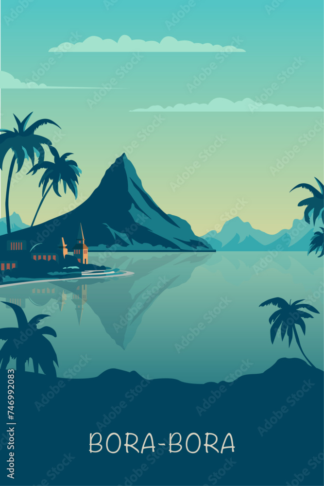 Bora Bora retro island poster with abstract shapes of seaside, recreation, lagoon. Vintage French Polynesia summertime travel vector illustration	