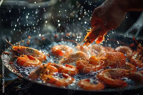 hand is flipping a frying pan full of shrimp photo