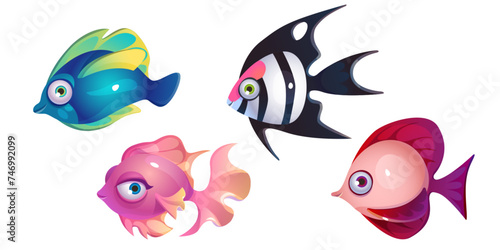 Cute cartoon fish with fin and smiling lips. Vector illustration set of funny sea or ocean animal characters. Aquarium or marine underwater creature collection. Aquatic bottom wildlife habitats